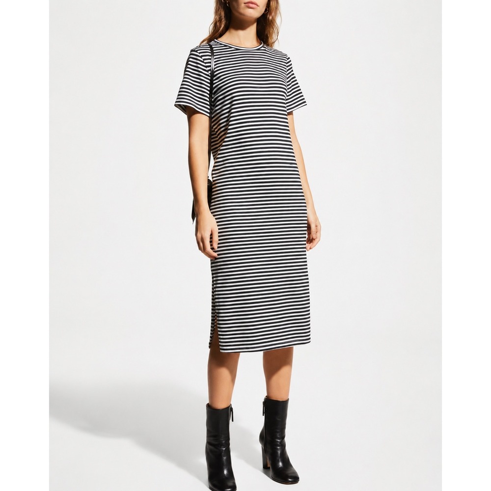 FRAME Striped Crewneck T Shirt Dress XS Navy White Organic Cotton Midi Coastal